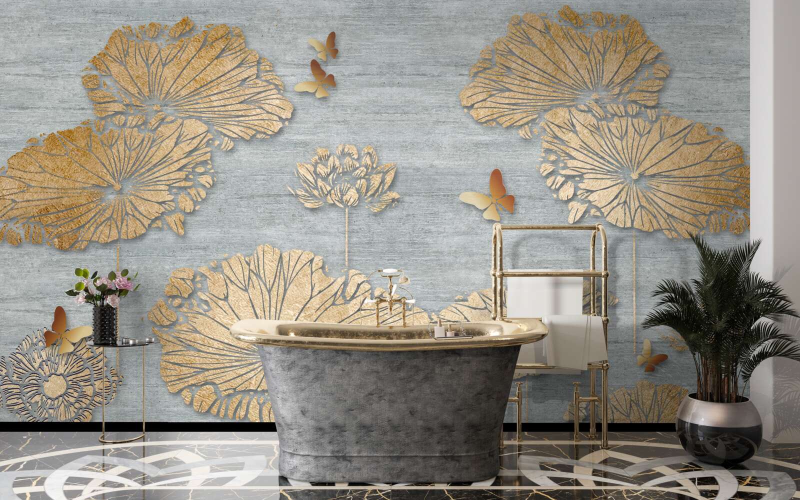 Fototapeta motyle i złote liście na powierzchni wody