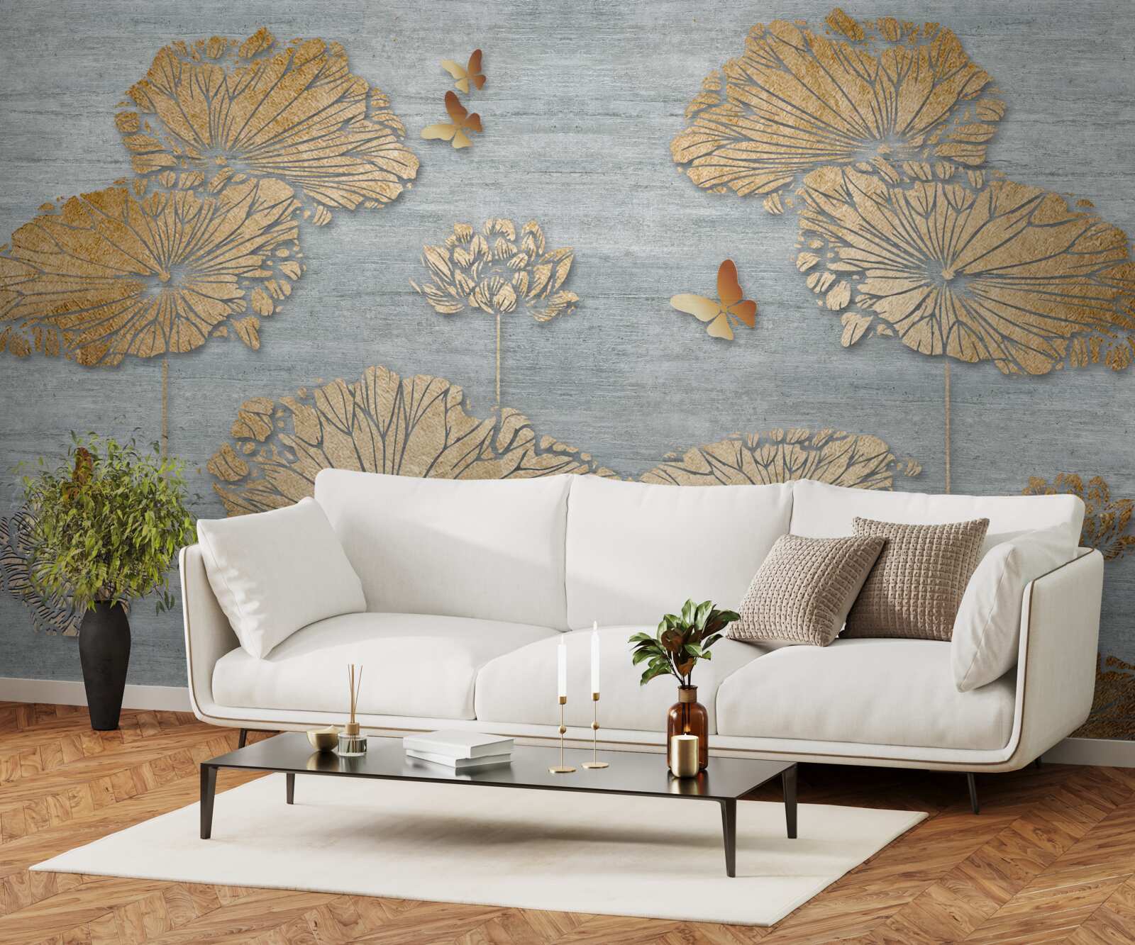 Fototapeta motyle i złote liście na powierzchni wody