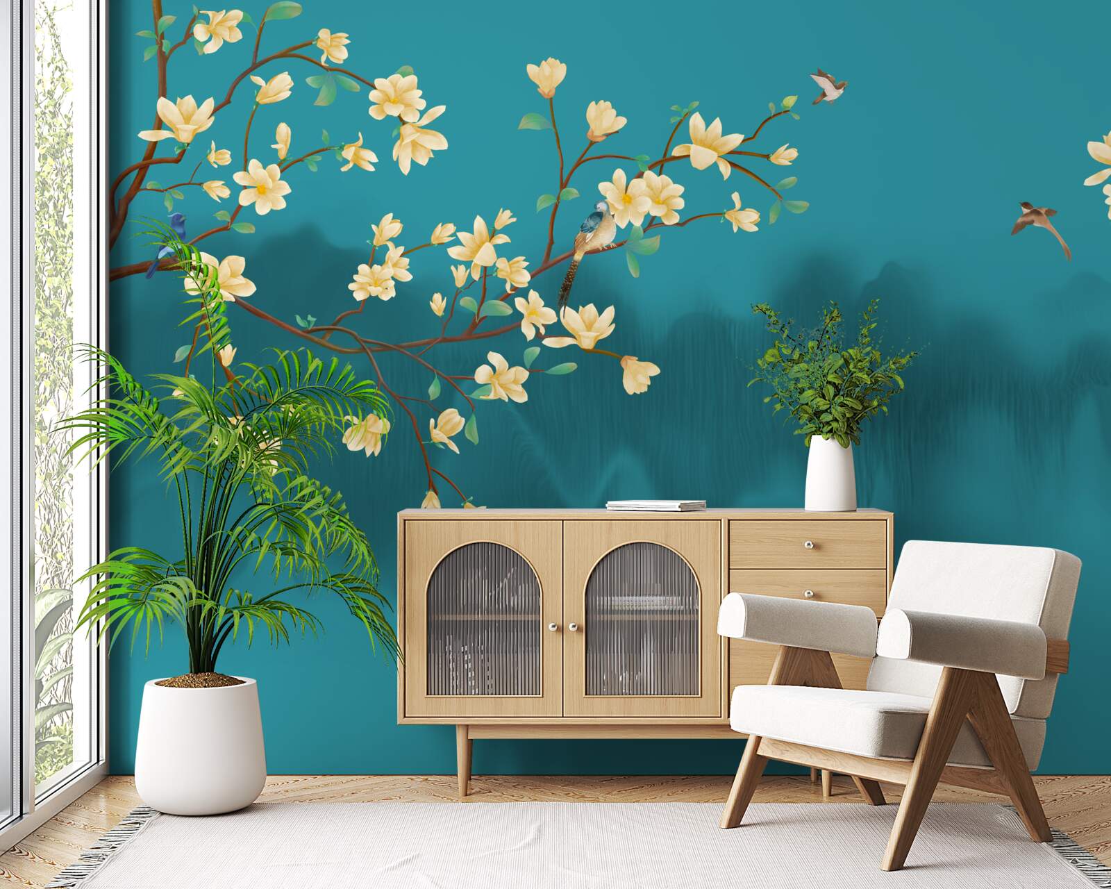 Fototapeta Żółta magnolia w pełnym rozkwicie nad mistyczną mglistą wodą