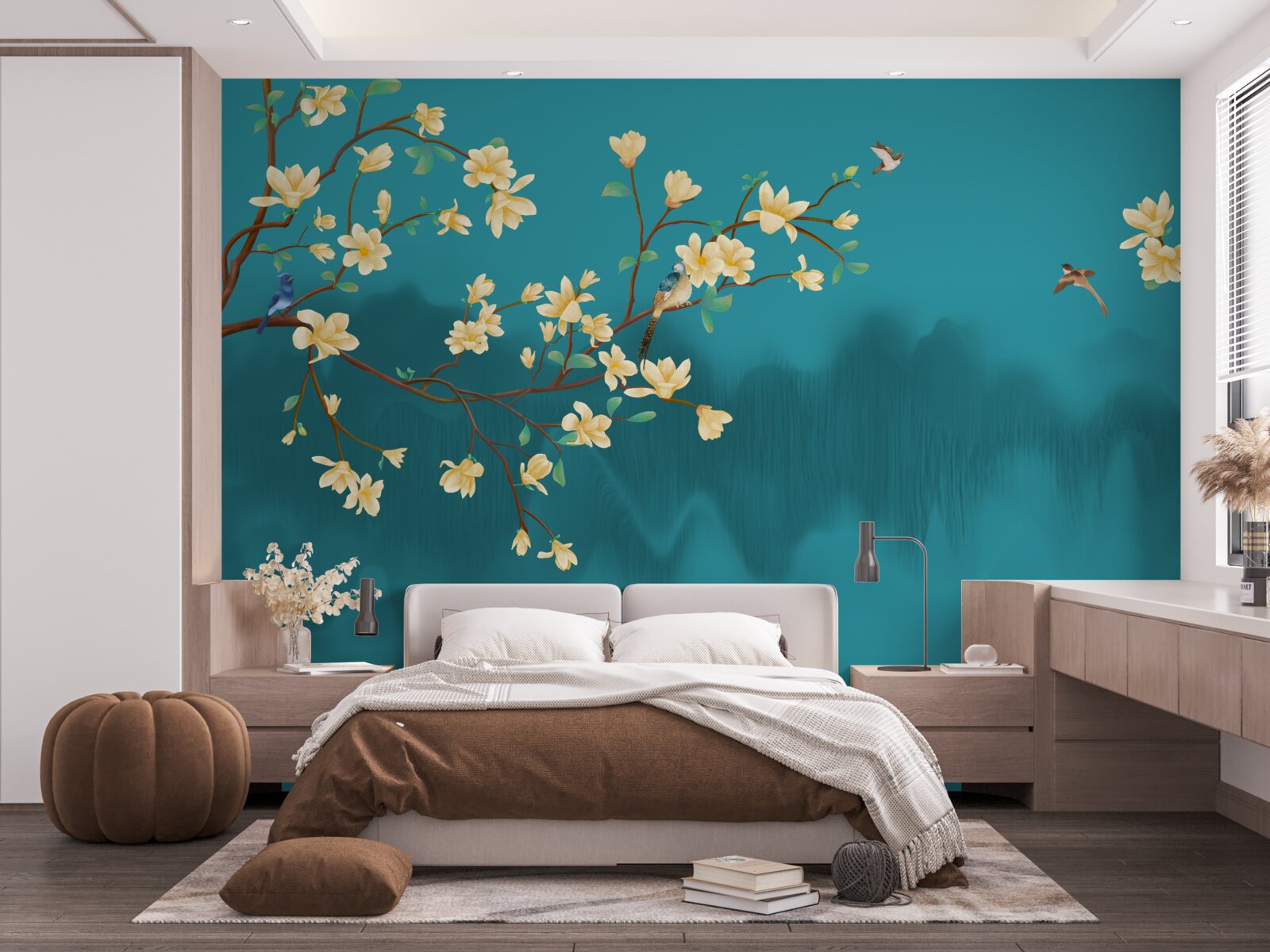 Fototapeta Żółta magnolia w pełnym rozkwicie nad mistyczną mglistą wodą