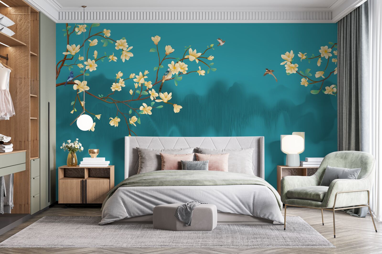 Fototapeta Żółta magnolia w pełnym rozkwicie nad mistyczną mglistą wodą