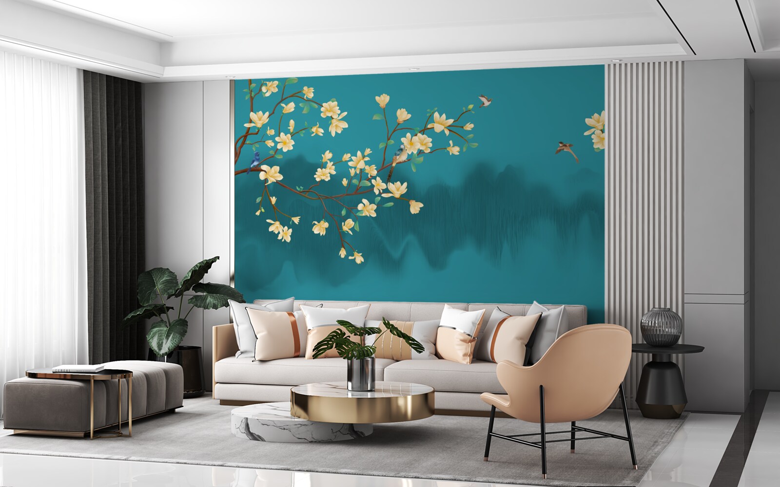 Fototapeta Żółta magnolia w pełnym rozkwicie nad mistyczną mglistą wodą