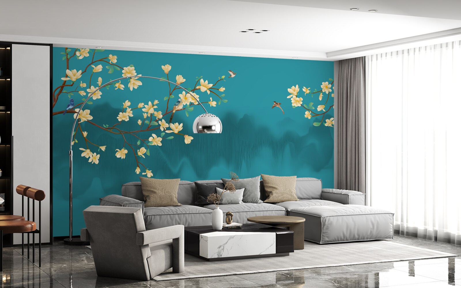 Fototapeta Żółta magnolia w pełnym rozkwicie nad mistyczną mglistą wodą