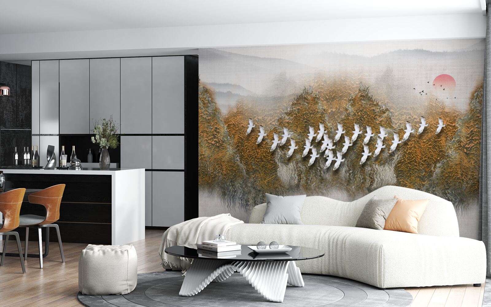 Fototapeta grupa ptaków przecina niebo, szybując nad drzewami i wodą