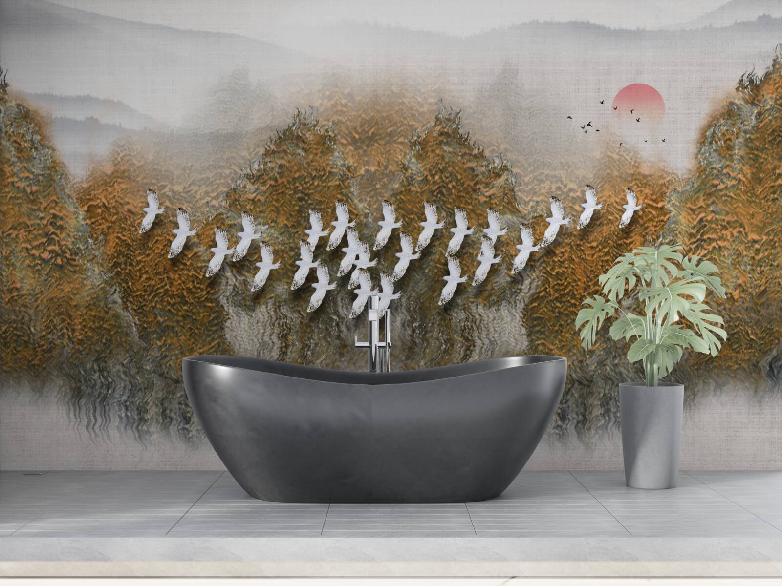 Fototapeta grupa ptaków przecina niebo, szybując nad drzewami i wodą