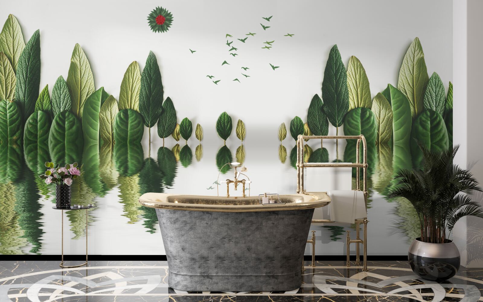 Fototapeta odbicie lasu pokrytego liśćmi w lustrze wodnym