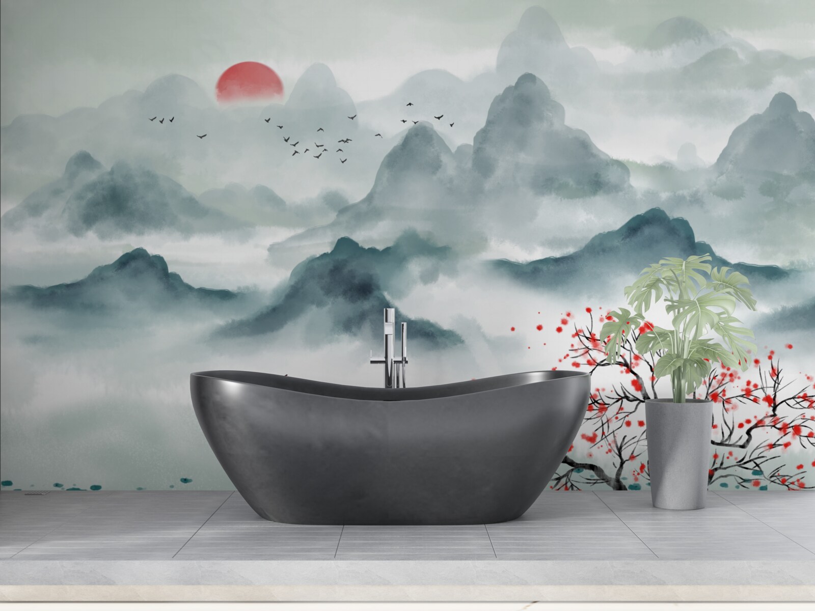 Fototapeta wędkarz na mistycznym górskim zbiorniku