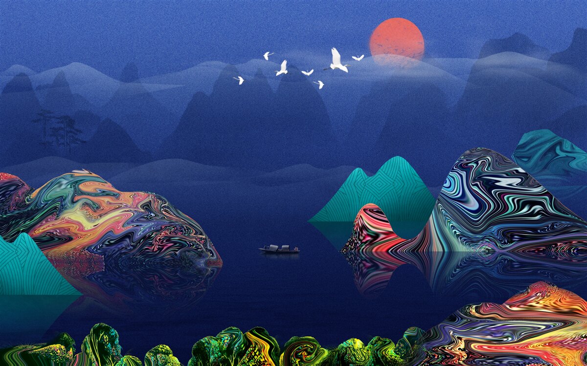 Fototapeta Żurawie latające o zachodzie słońca nad górską rzeką