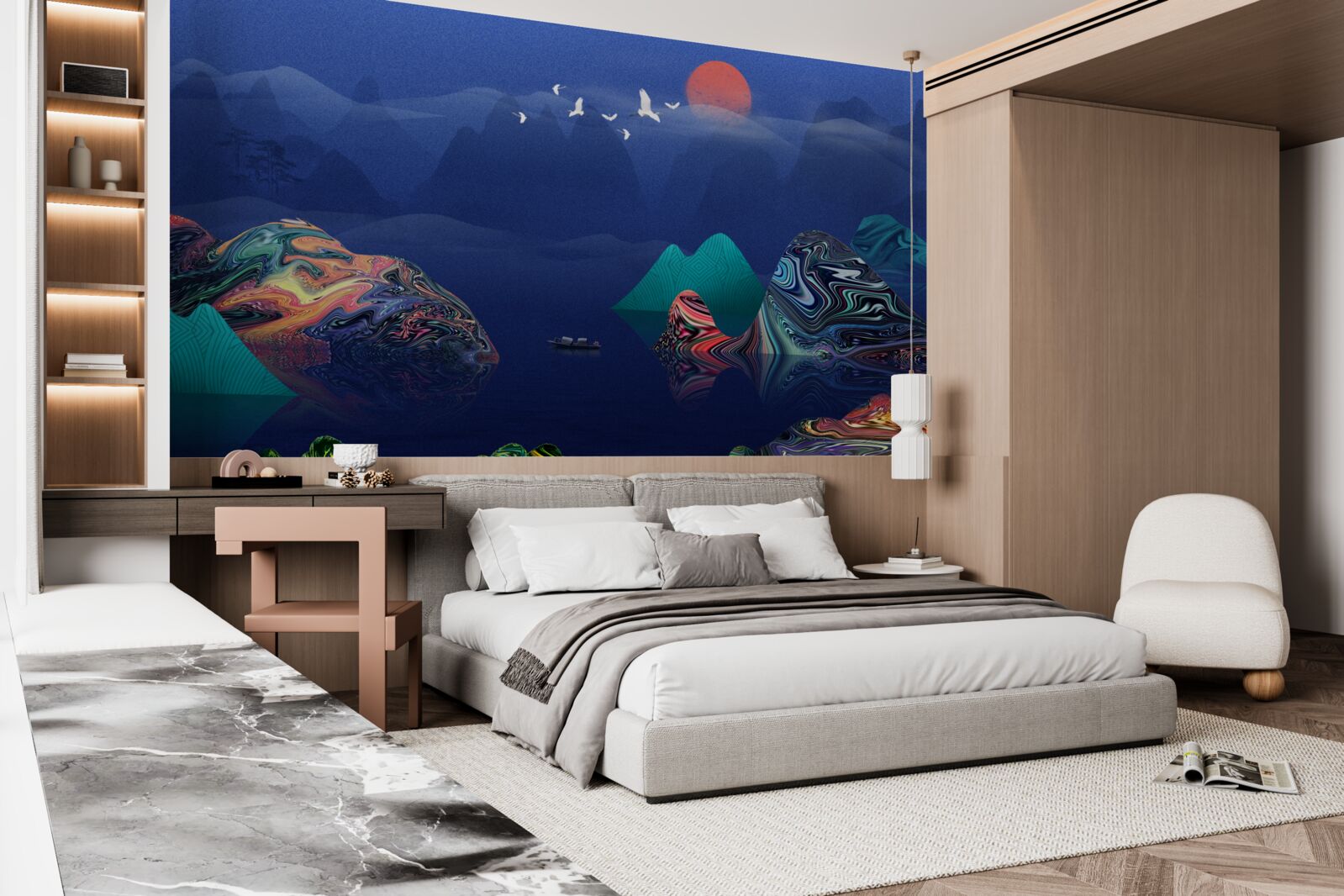 Fototapeta Żurawie latające o zachodzie słońca nad górską rzeką