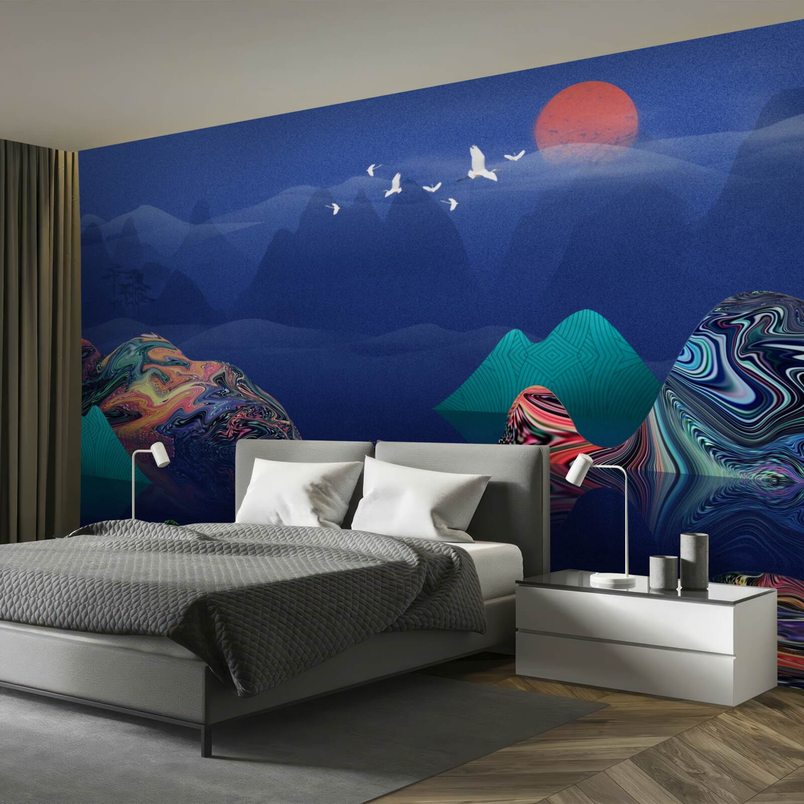 Fototapeta Żurawie latające o zachodzie słońca nad górską rzeką