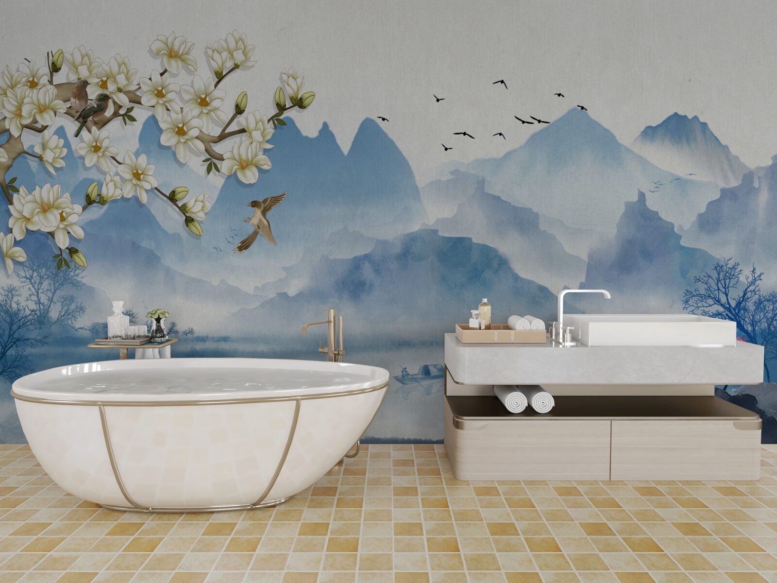 Fototapeta akwarele przedstawiające górskie jeziora w chinach