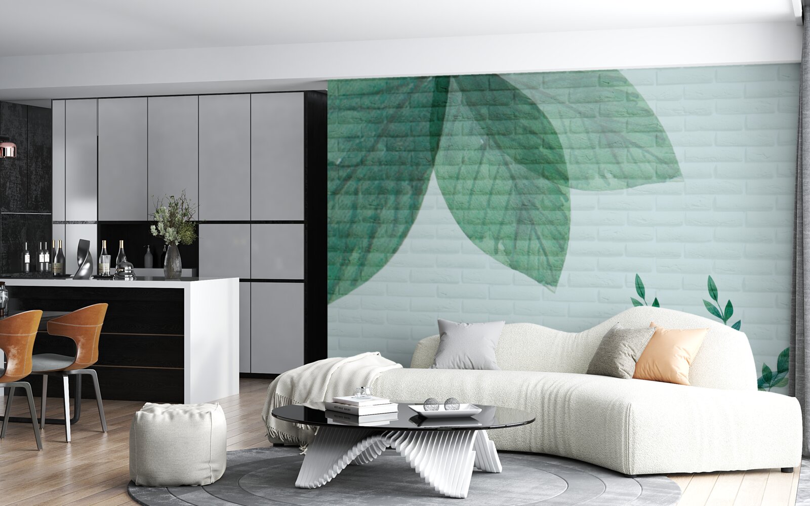 Fototapeta akwarela zielone liście na ścianie z cegły