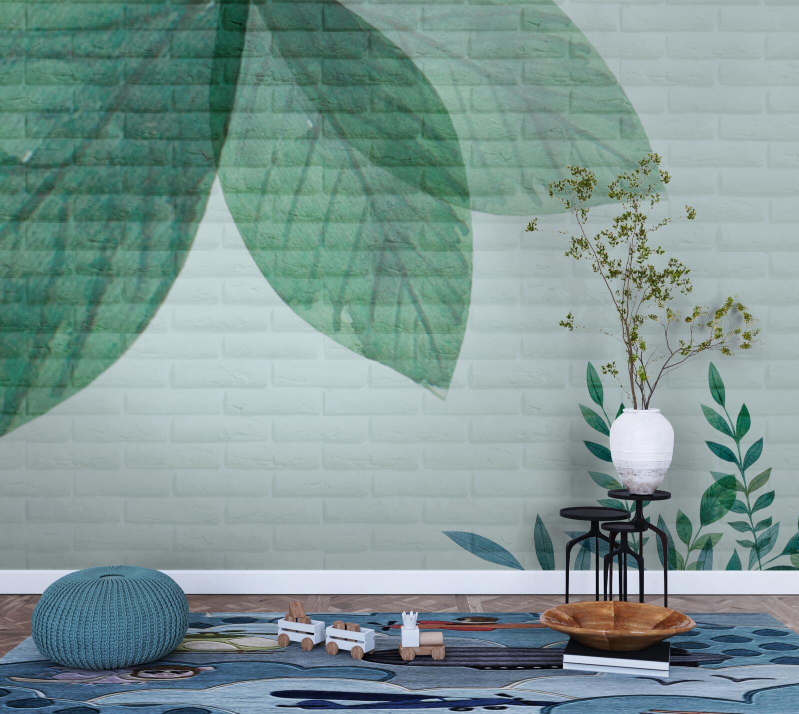 Fototapeta akwarela zielone liście na ścianie z cegły