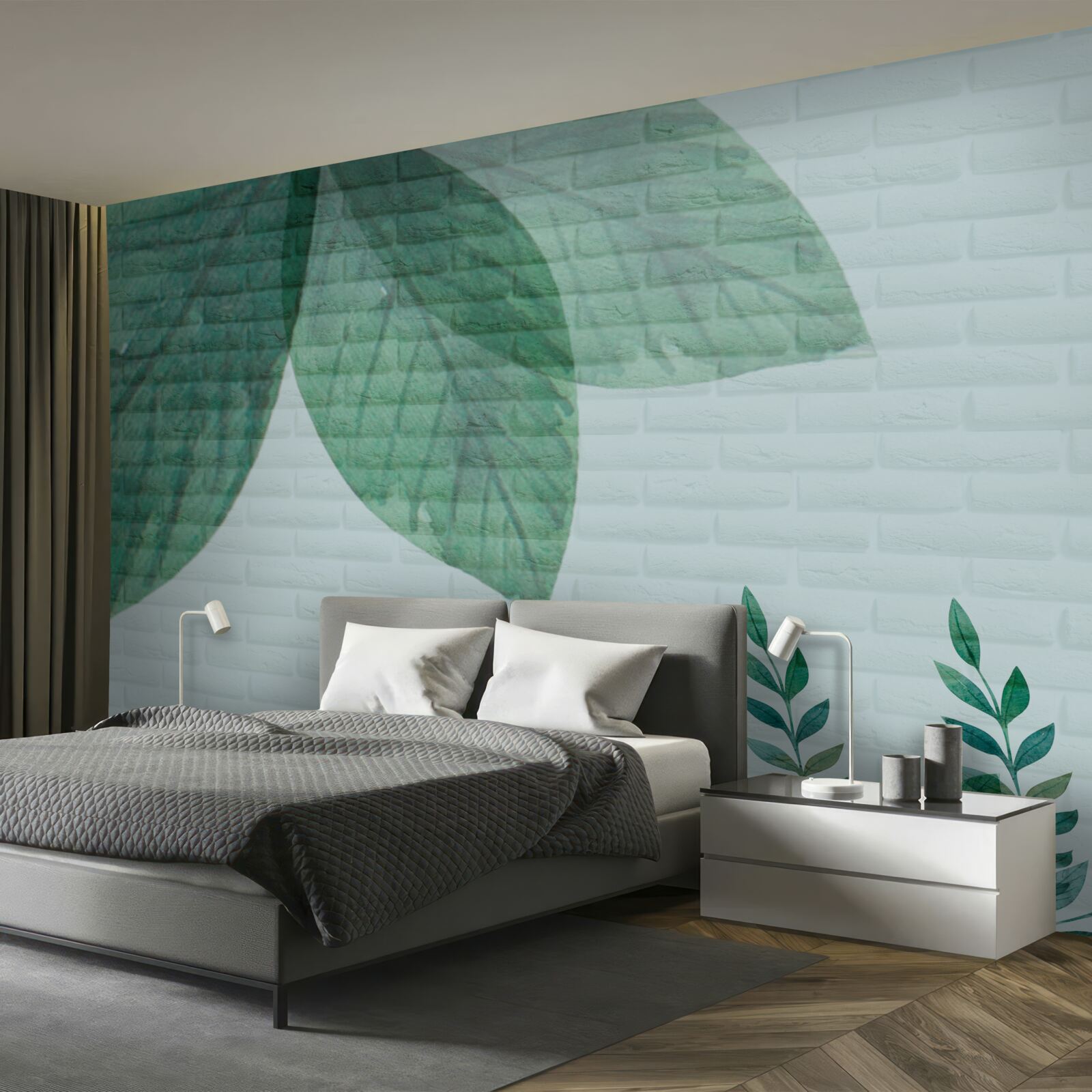 Fototapeta akwarela zielone liście na ścianie z cegły