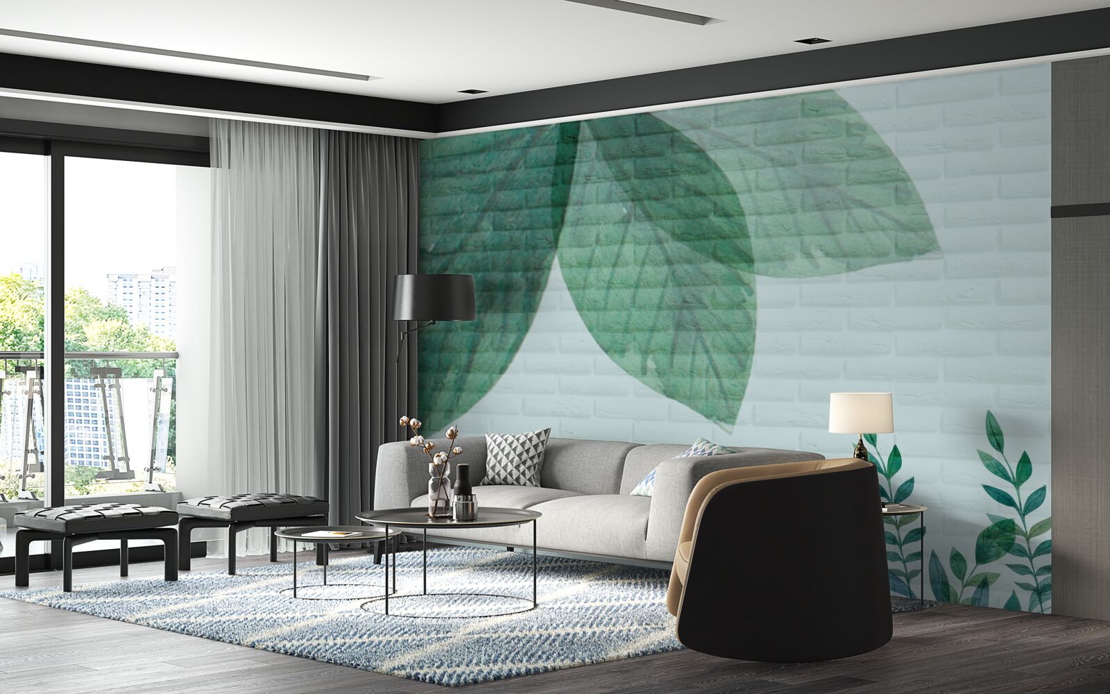 Fototapeta akwarela zielone liście na ścianie z cegły