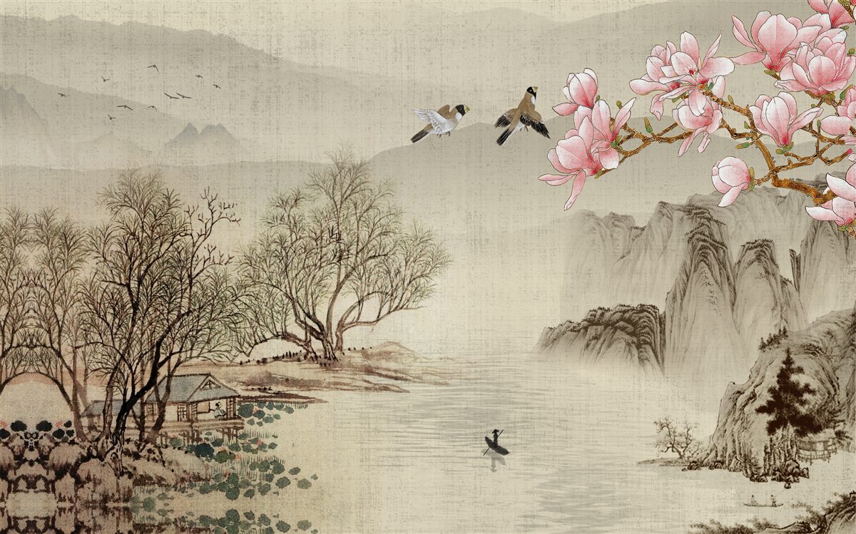 Fototapeta magnolia w rozkwicie i spokojna rzeka w górach