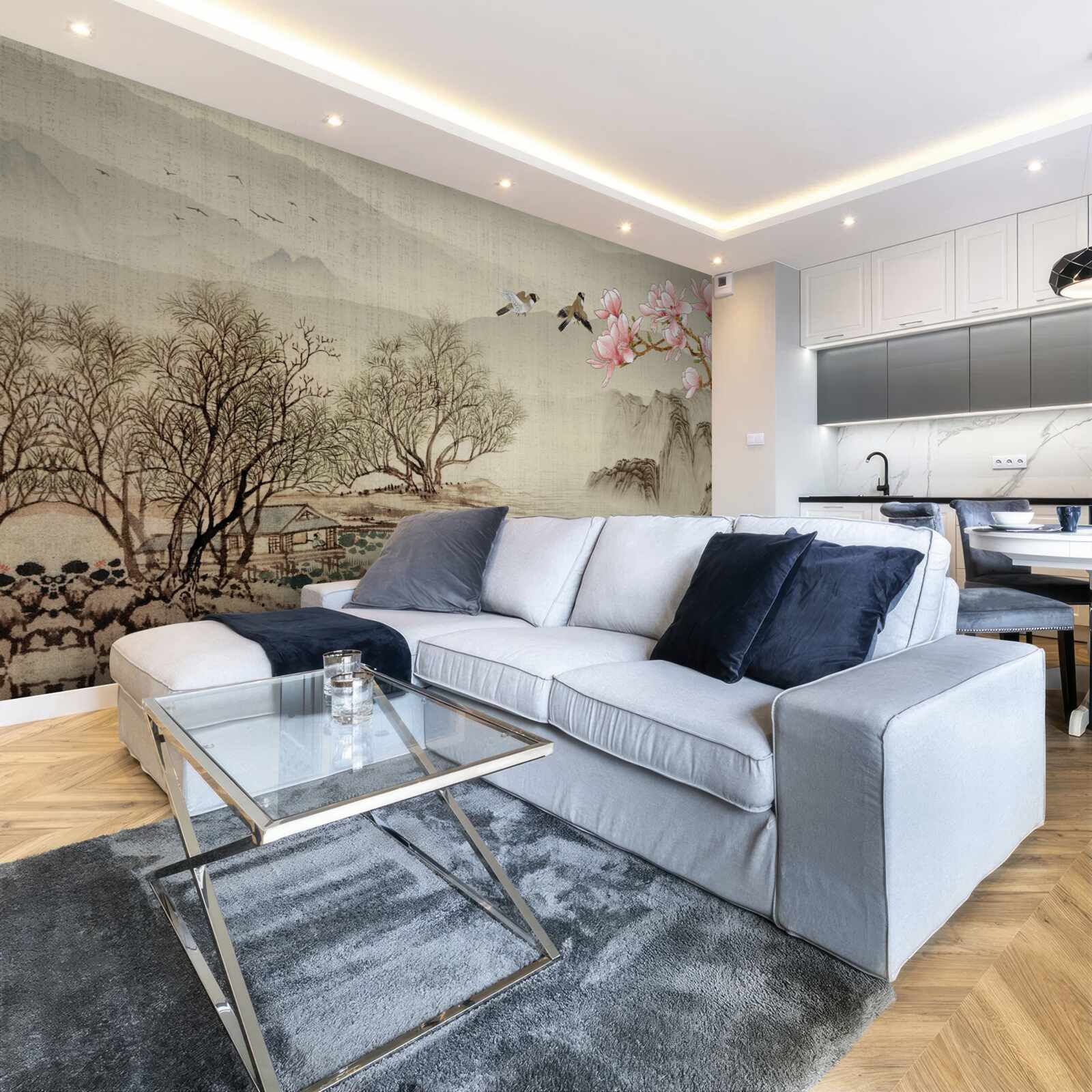 Fototapeta magnolia w rozkwicie i spokojna rzeka w górach