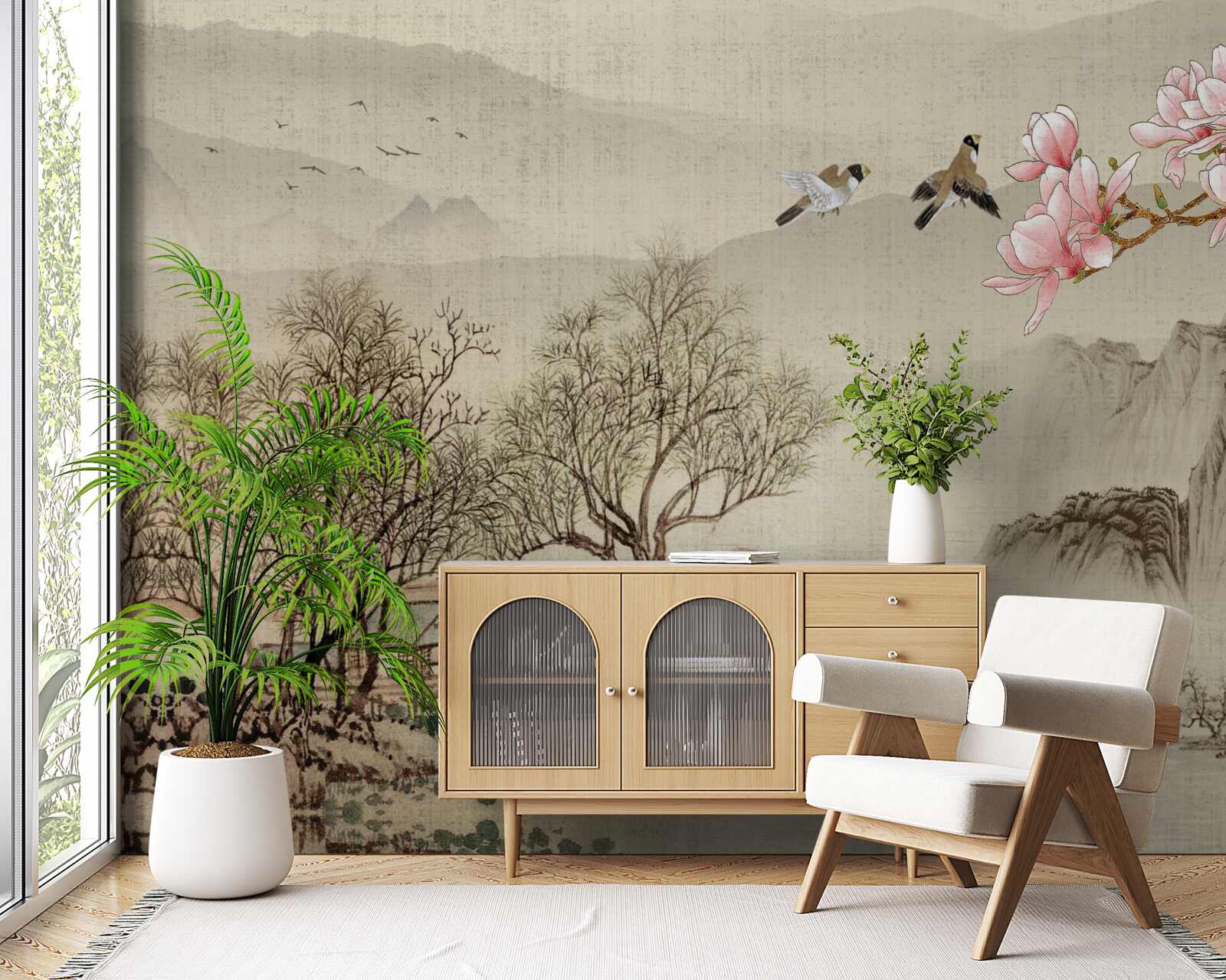 Fototapeta magnolia w rozkwicie i spokojna rzeka w górach