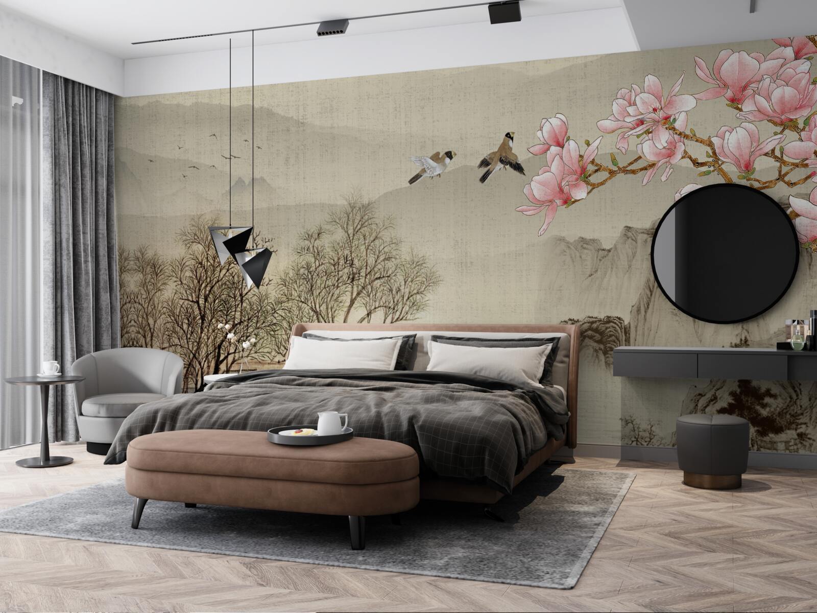 Fototapeta magnolia w rozkwicie i spokojna rzeka w górach