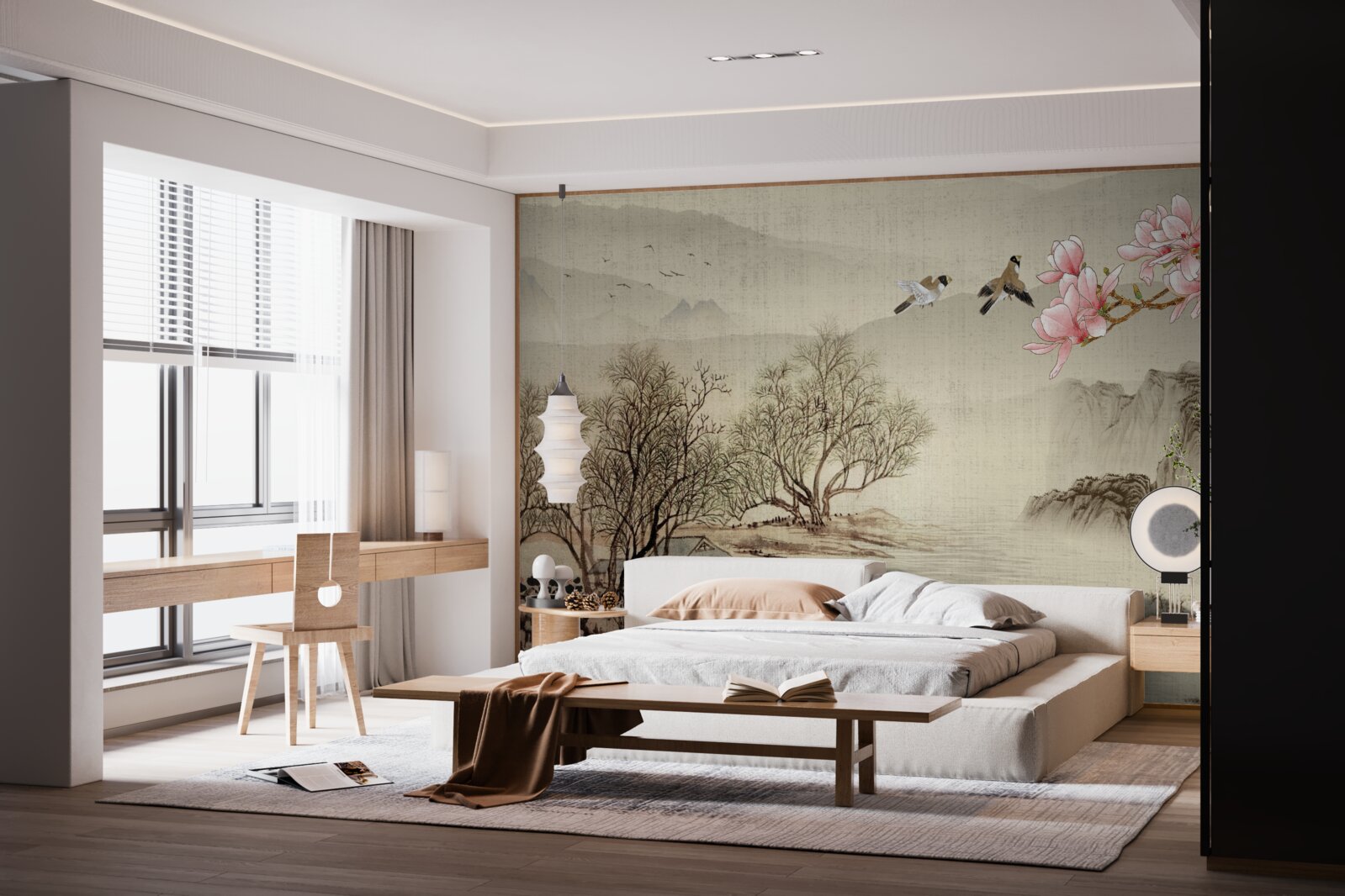 Fototapeta magnolia w rozkwicie i spokojna rzeka w górach