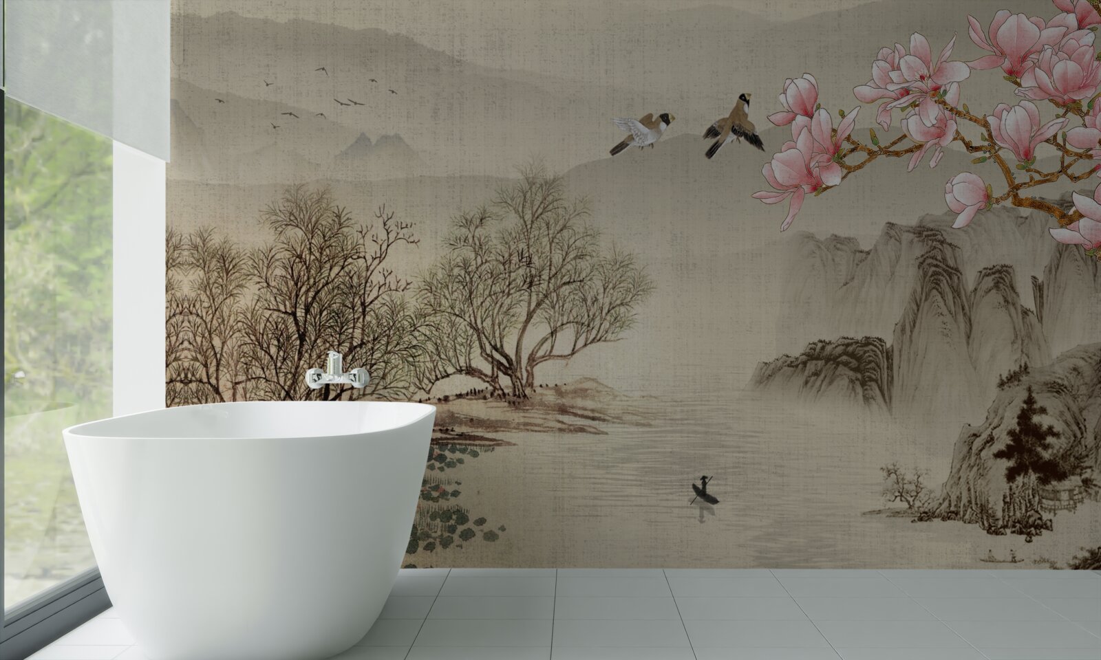 Fototapeta magnolia w rozkwicie i spokojna rzeka w górach