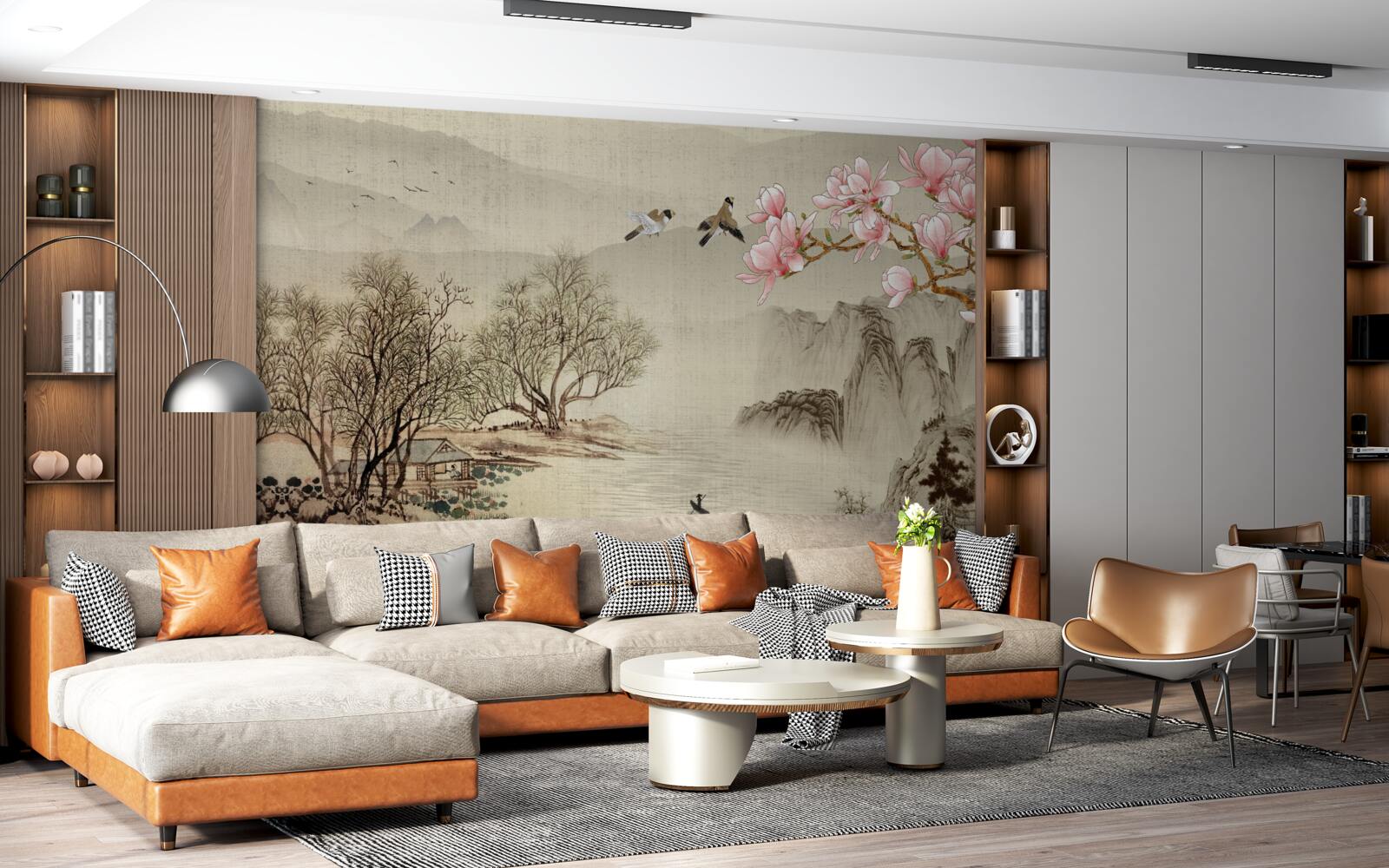 Fototapeta magnolia w rozkwicie i spokojna rzeka w górach