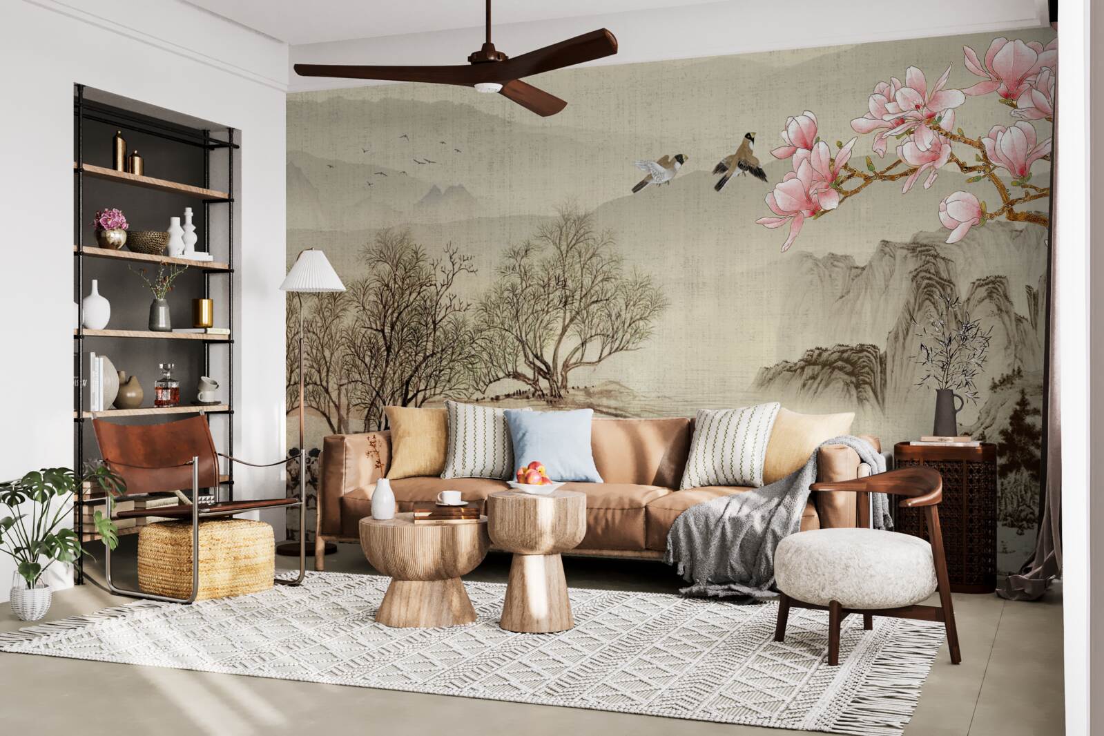 Fototapeta magnolia w rozkwicie i spokojna rzeka w górach