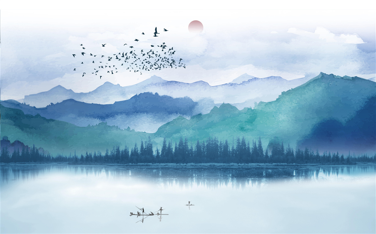 Fototapeta stado ptaków przemierza górskie jezioro na tle zachodzącego słońca