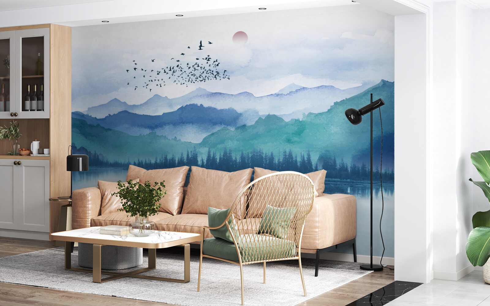 Fototapeta stado ptaków przemierza górskie jezioro na tle zachodzącego słońca