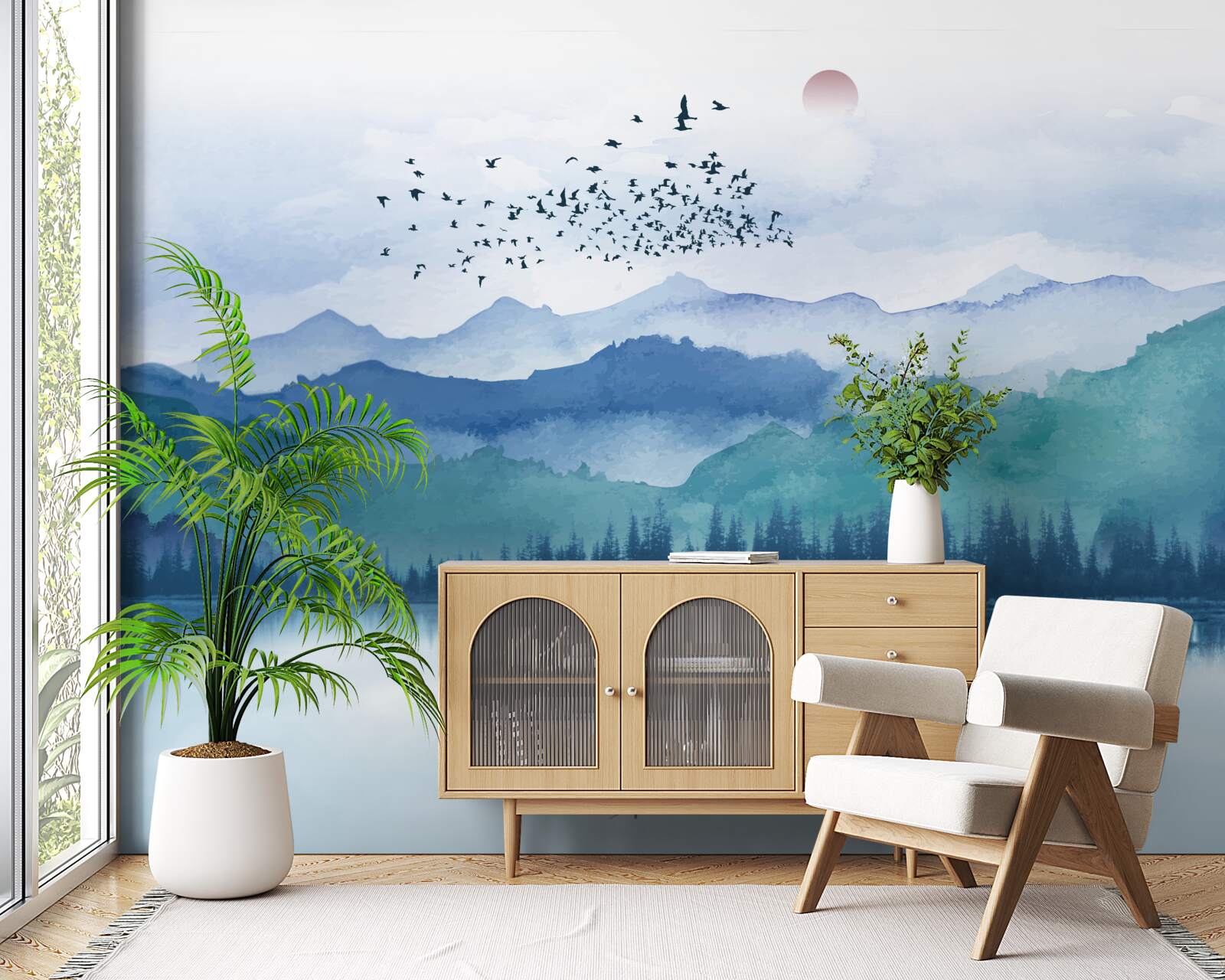 Fototapeta stado ptaków przemierza górskie jezioro na tle zachodzącego słońca