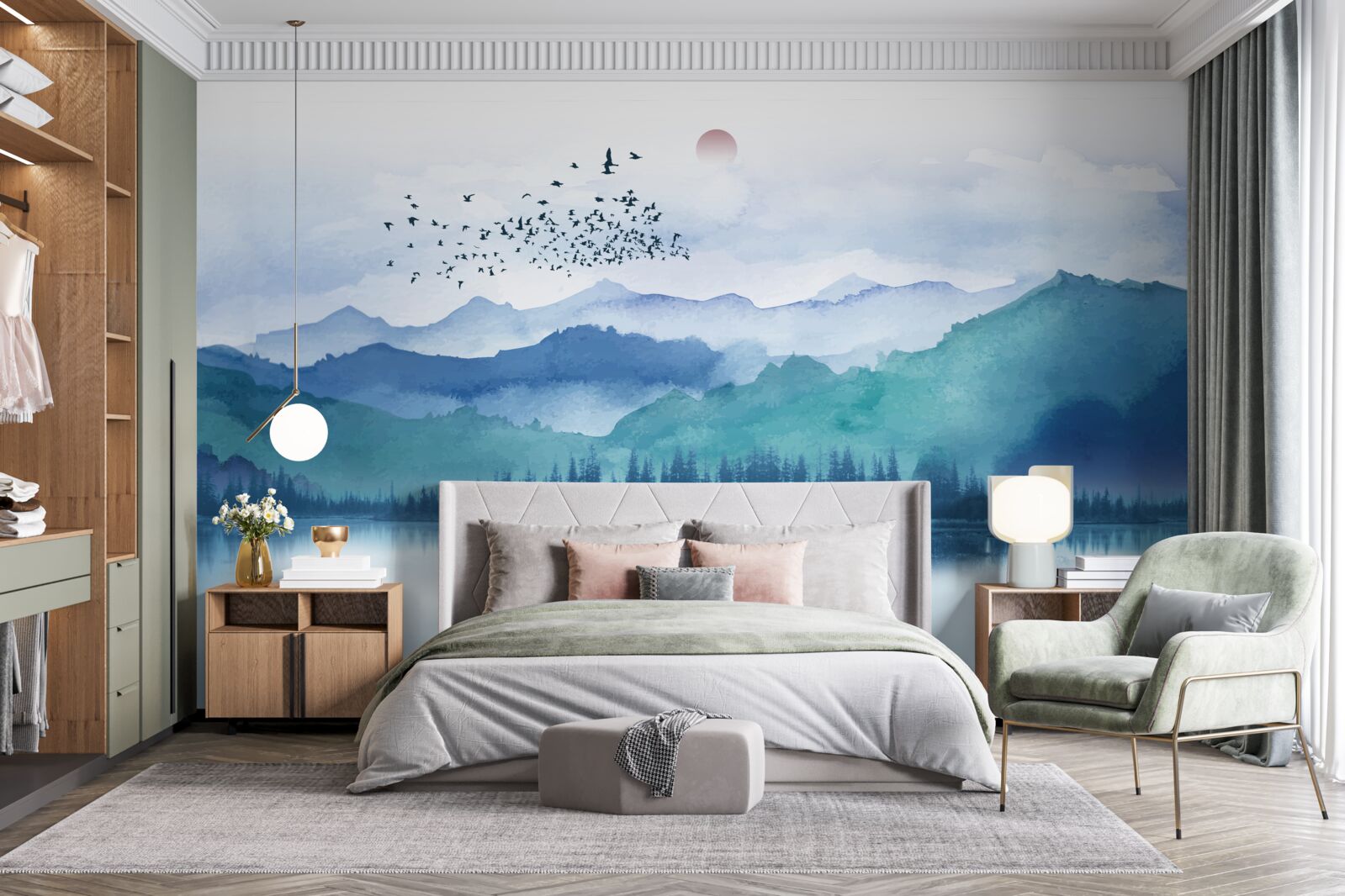 Fototapeta stado ptaków przemierza górskie jezioro na tle zachodzącego słońca