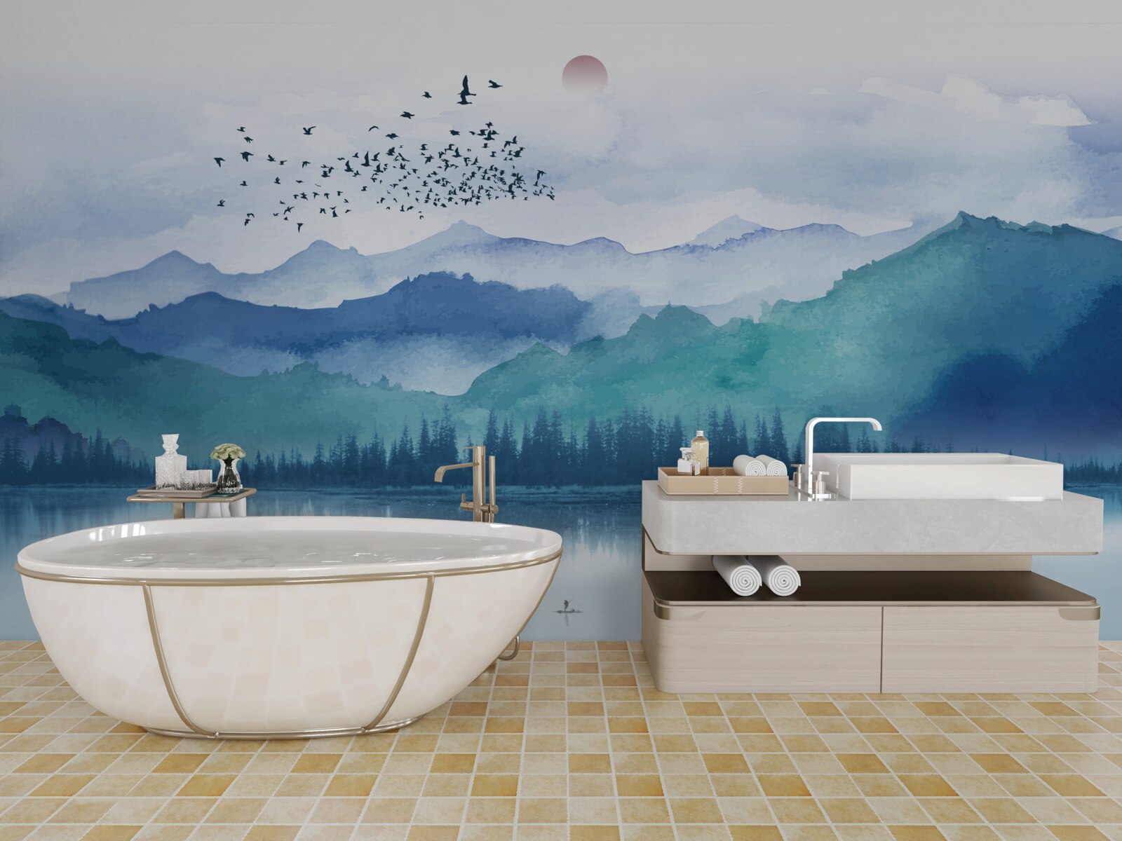 Fototapeta stado ptaków przemierza górskie jezioro na tle zachodzącego słońca