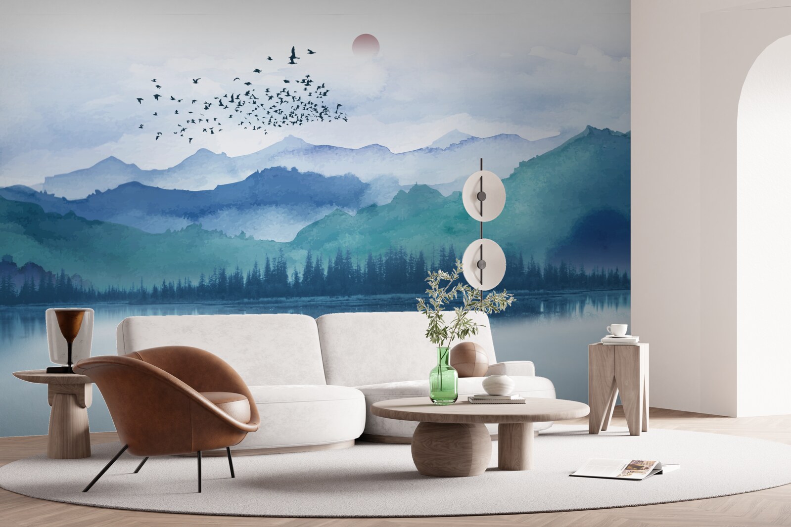 Fototapeta stado ptaków przemierza górskie jezioro na tle zachodzącego słońca