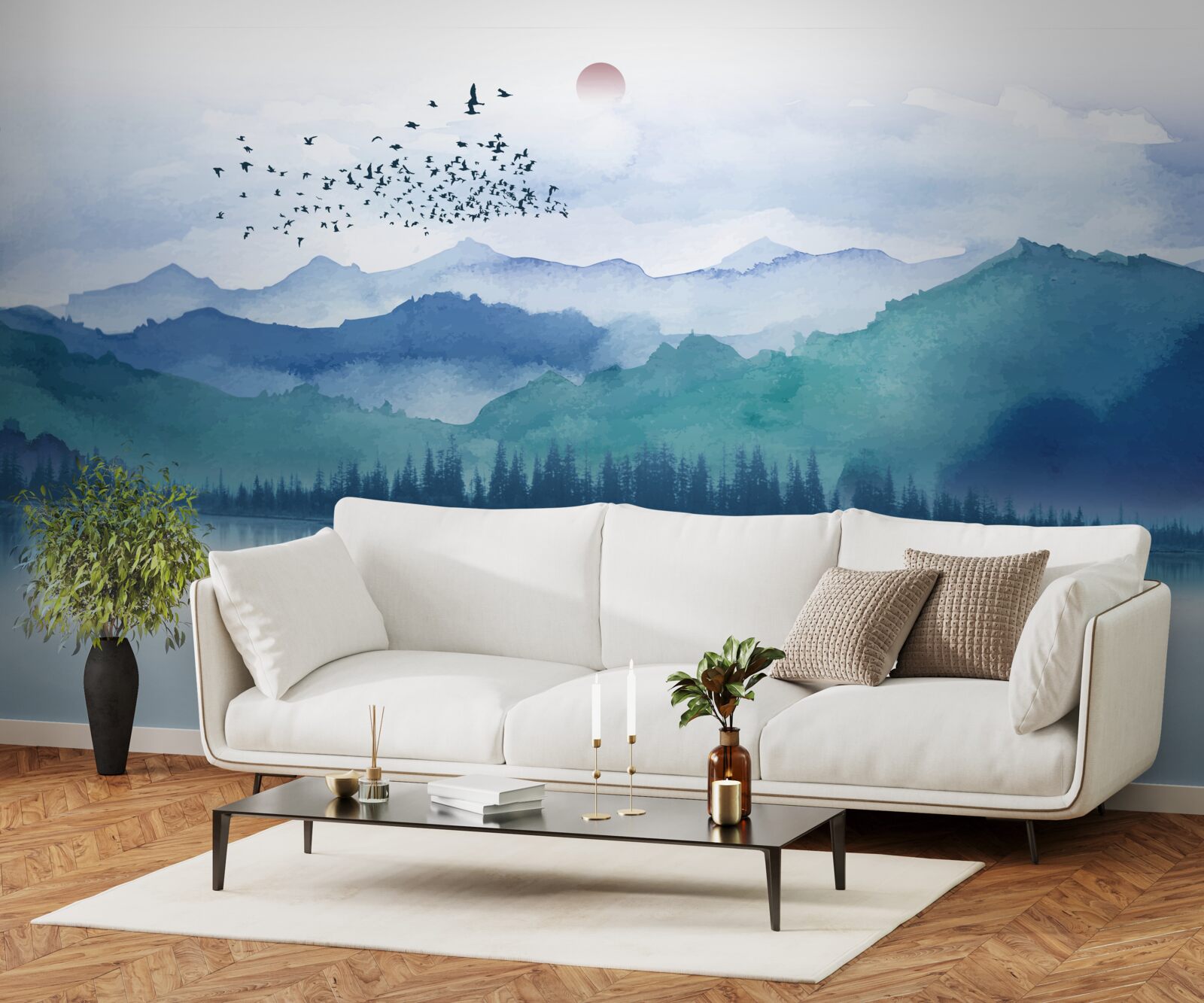 Fototapeta stado ptaków przemierza górskie jezioro na tle zachodzącego słońca