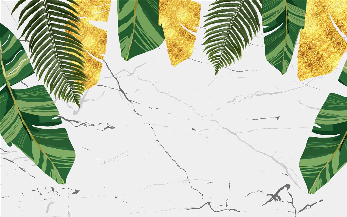 Fototapeta zielone i żółte liście na śnieżnobiałym marmurze