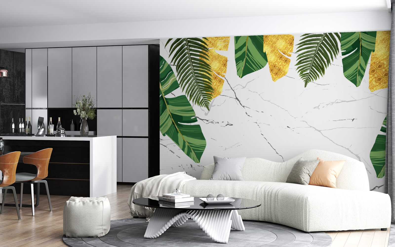 Fototapeta zielone i żółte liście na śnieżnobiałym marmurze