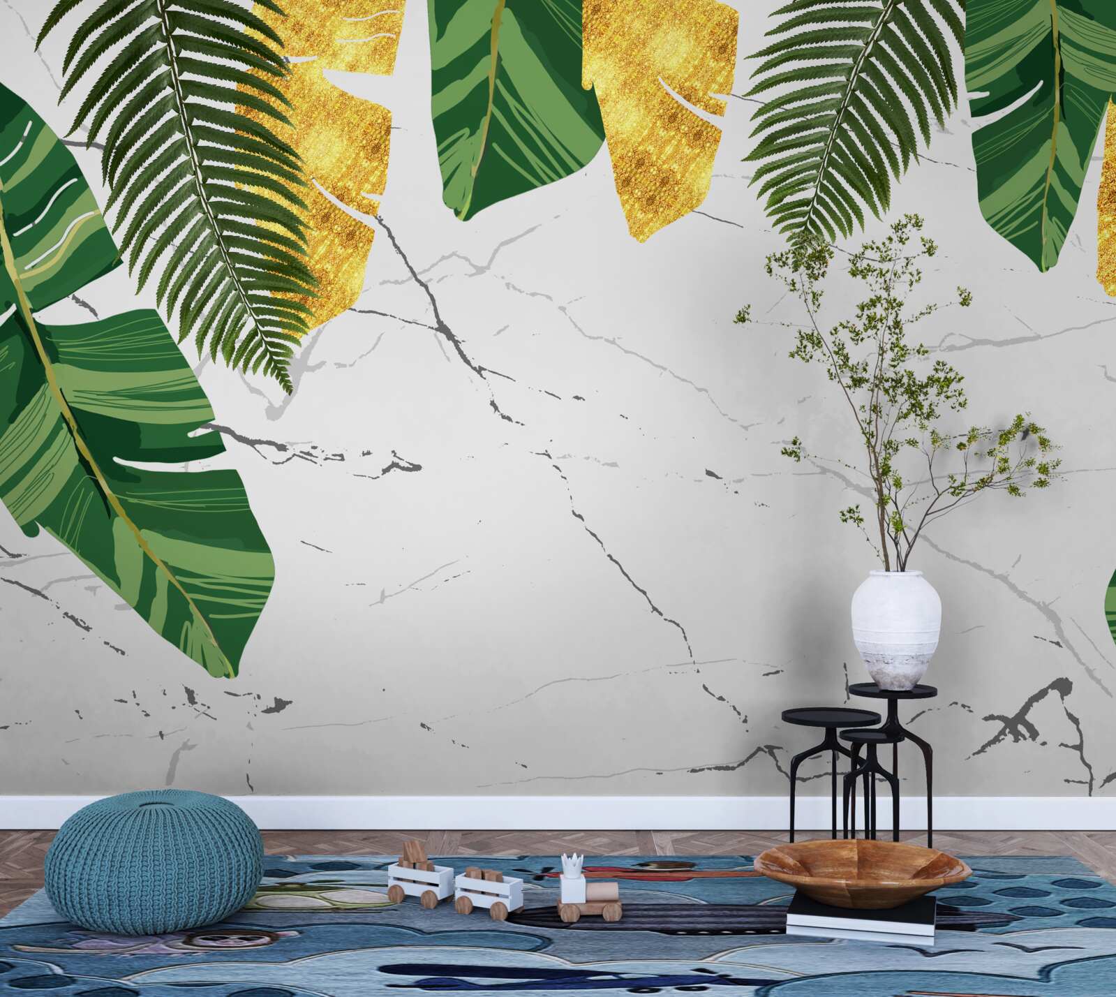 Fototapeta zielone i żółte liście na śnieżnobiałym marmurze