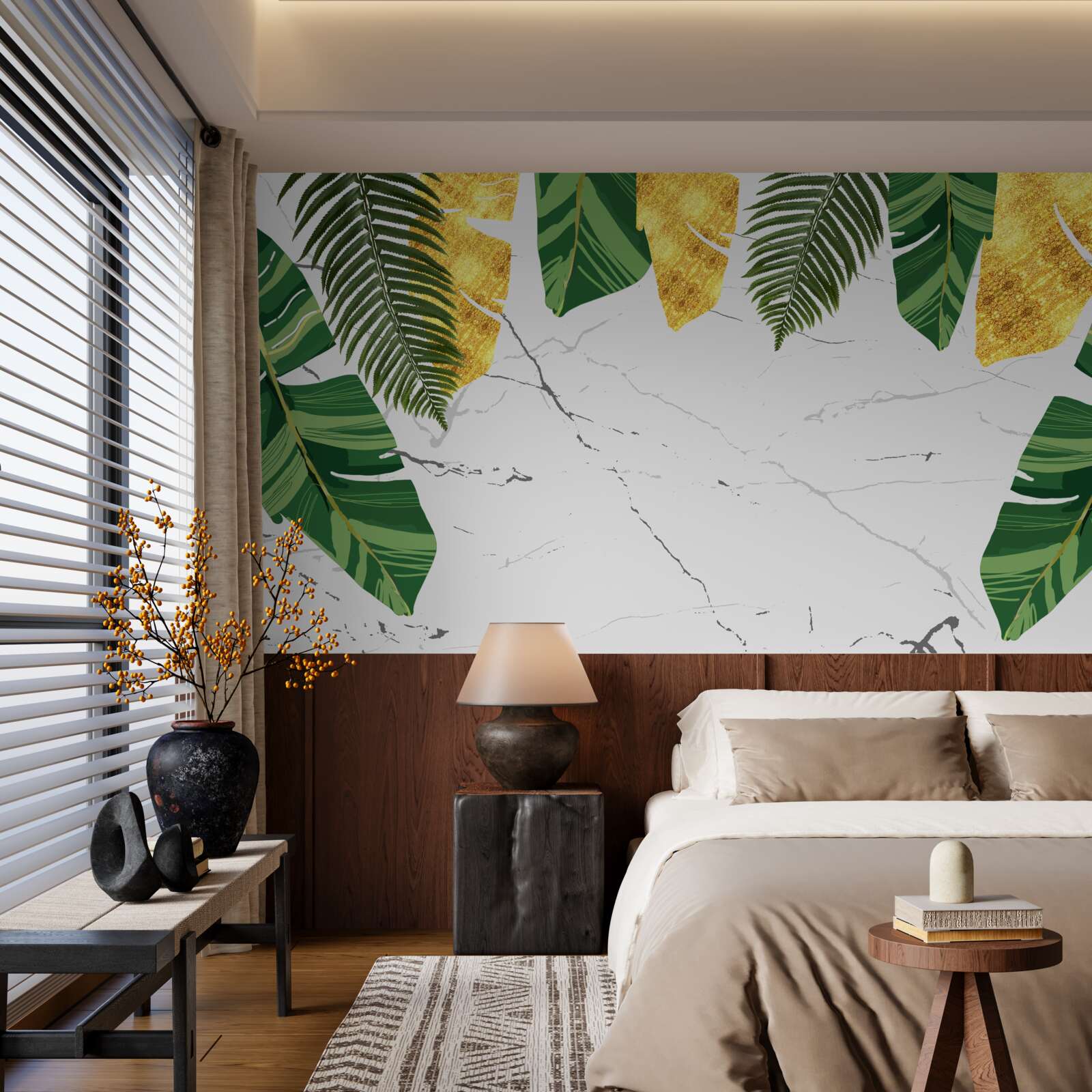 Fototapeta zielone i żółte liście na śnieżnobiałym marmurze