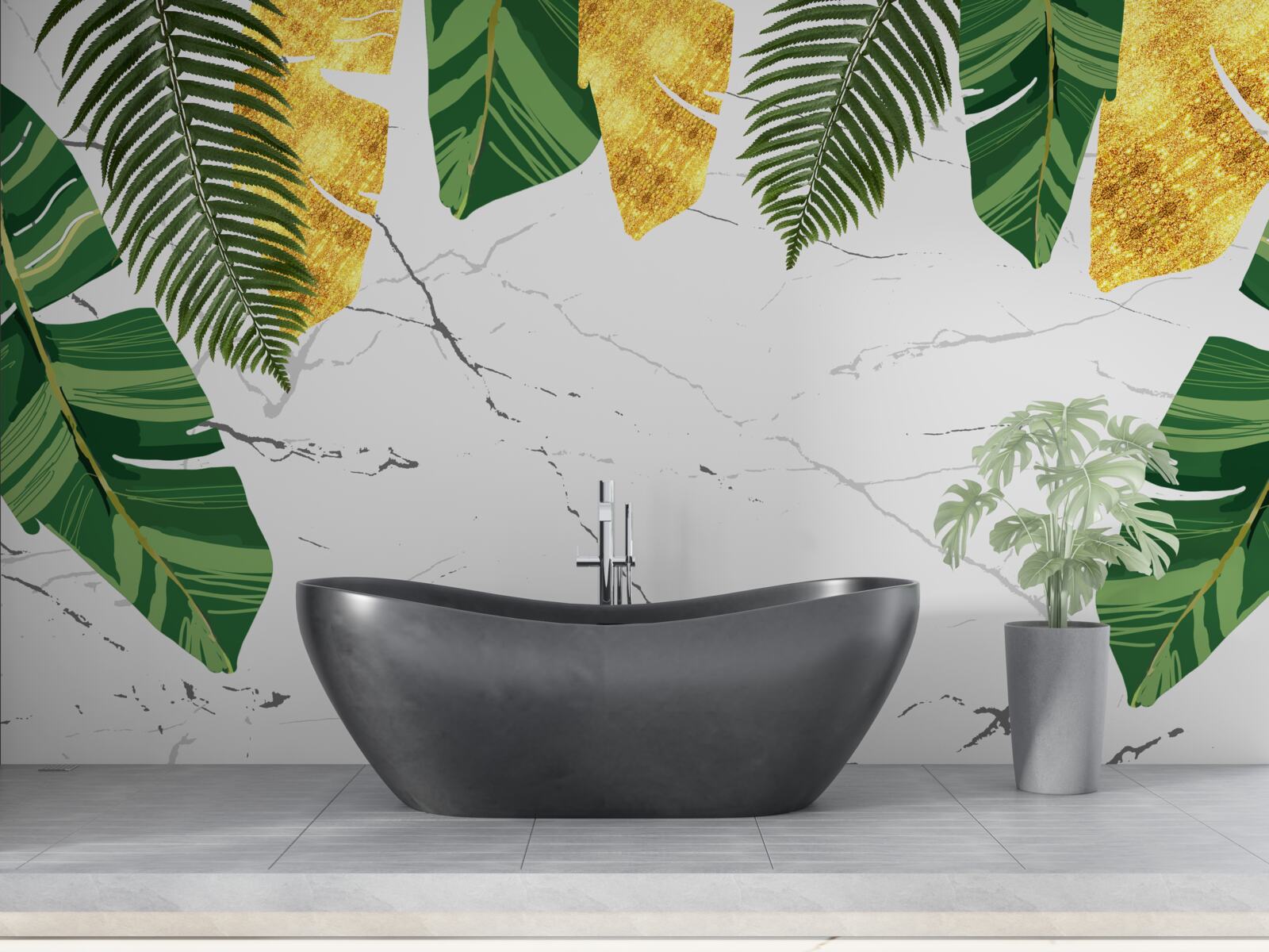 Fototapeta zielone i żółte liście na śnieżnobiałym marmurze