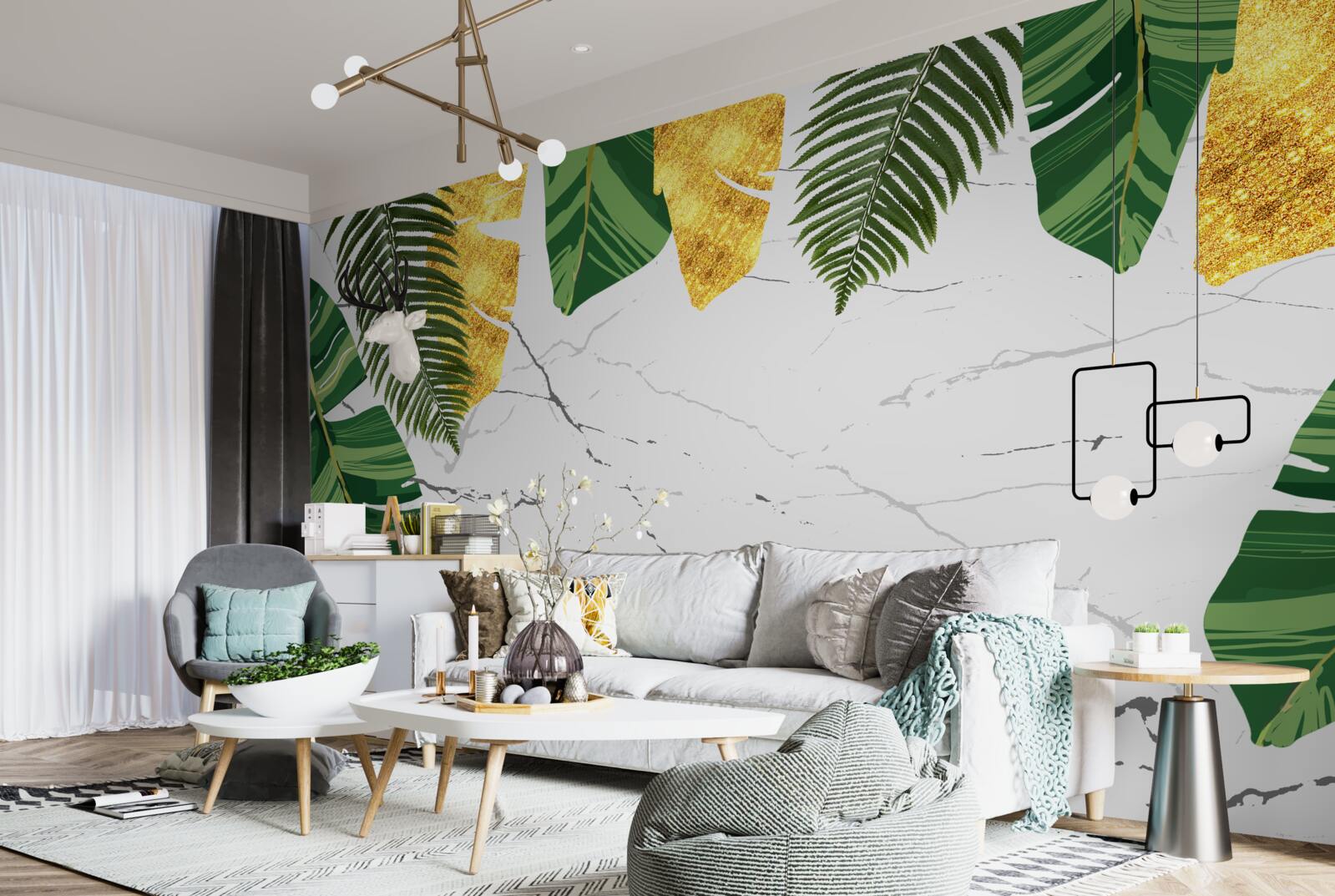 Fototapeta zielone i żółte liście na śnieżnobiałym marmurze