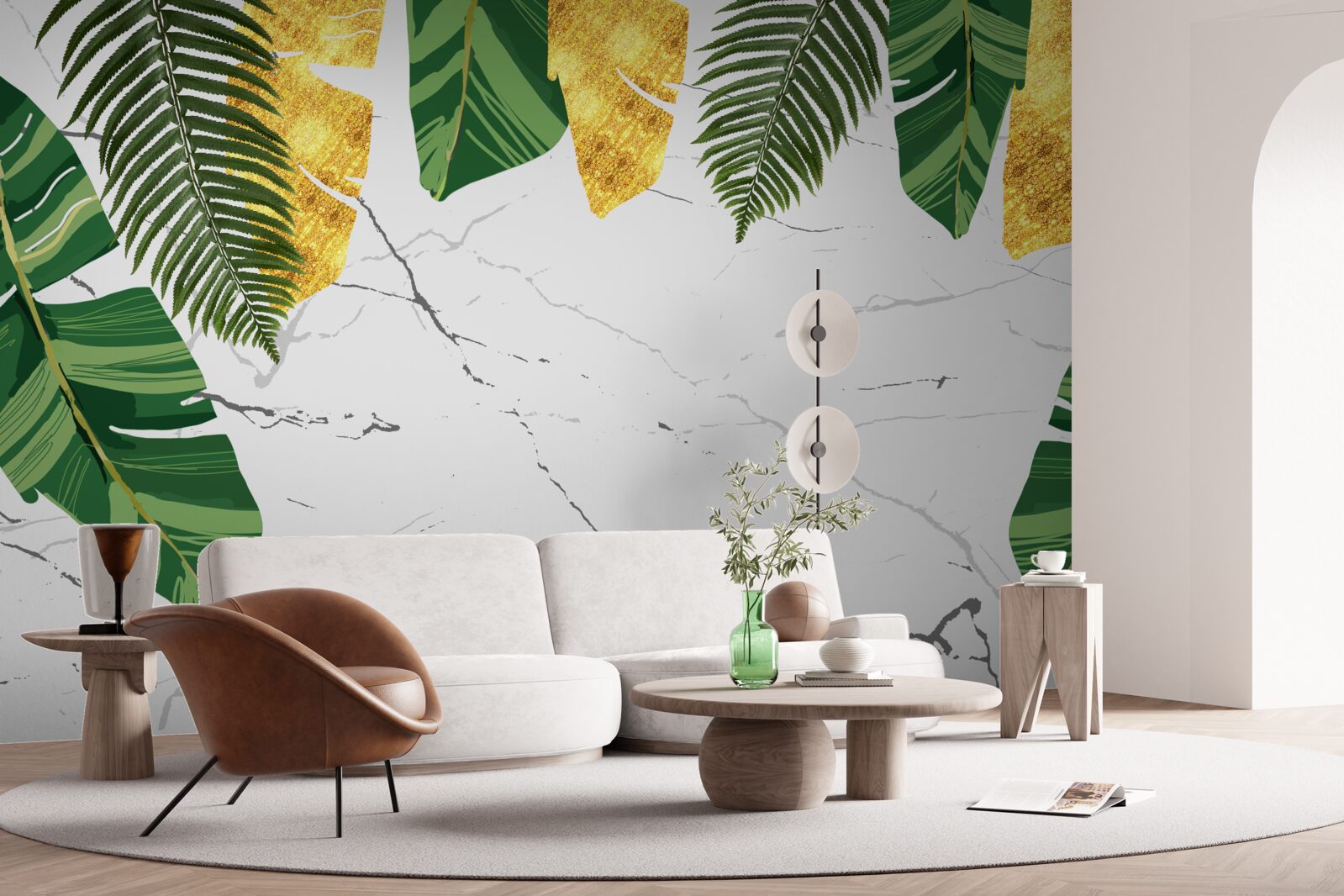 Fototapeta zielone i żółte liście na śnieżnobiałym marmurze