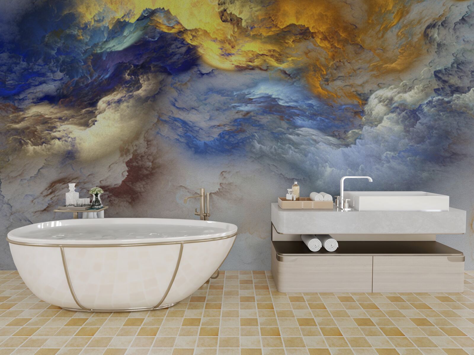 Fototapeta marmur z odcieniami, malowany w kolorach niebieskim i żółtym