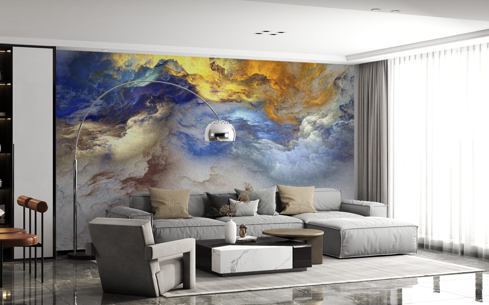 Fototapeta marmur z odcieniami, malowany w kolorach niebieskim i żółtym