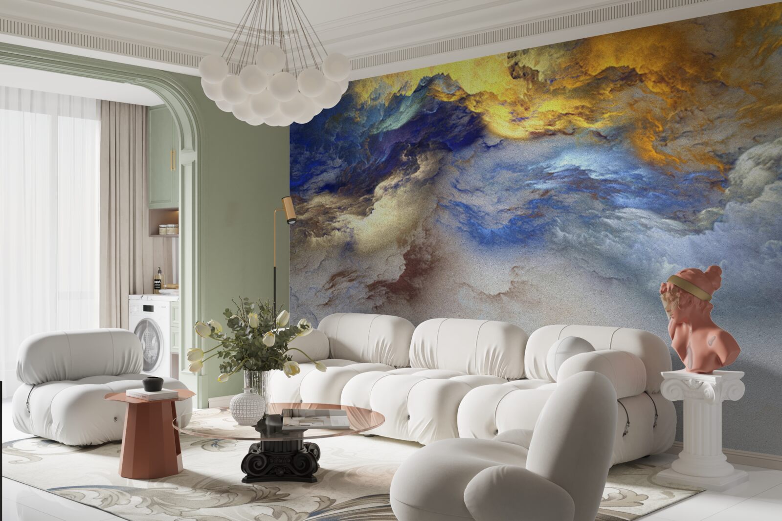 Fototapeta marmur z odcieniami, malowany w kolorach niebieskim i żółtym