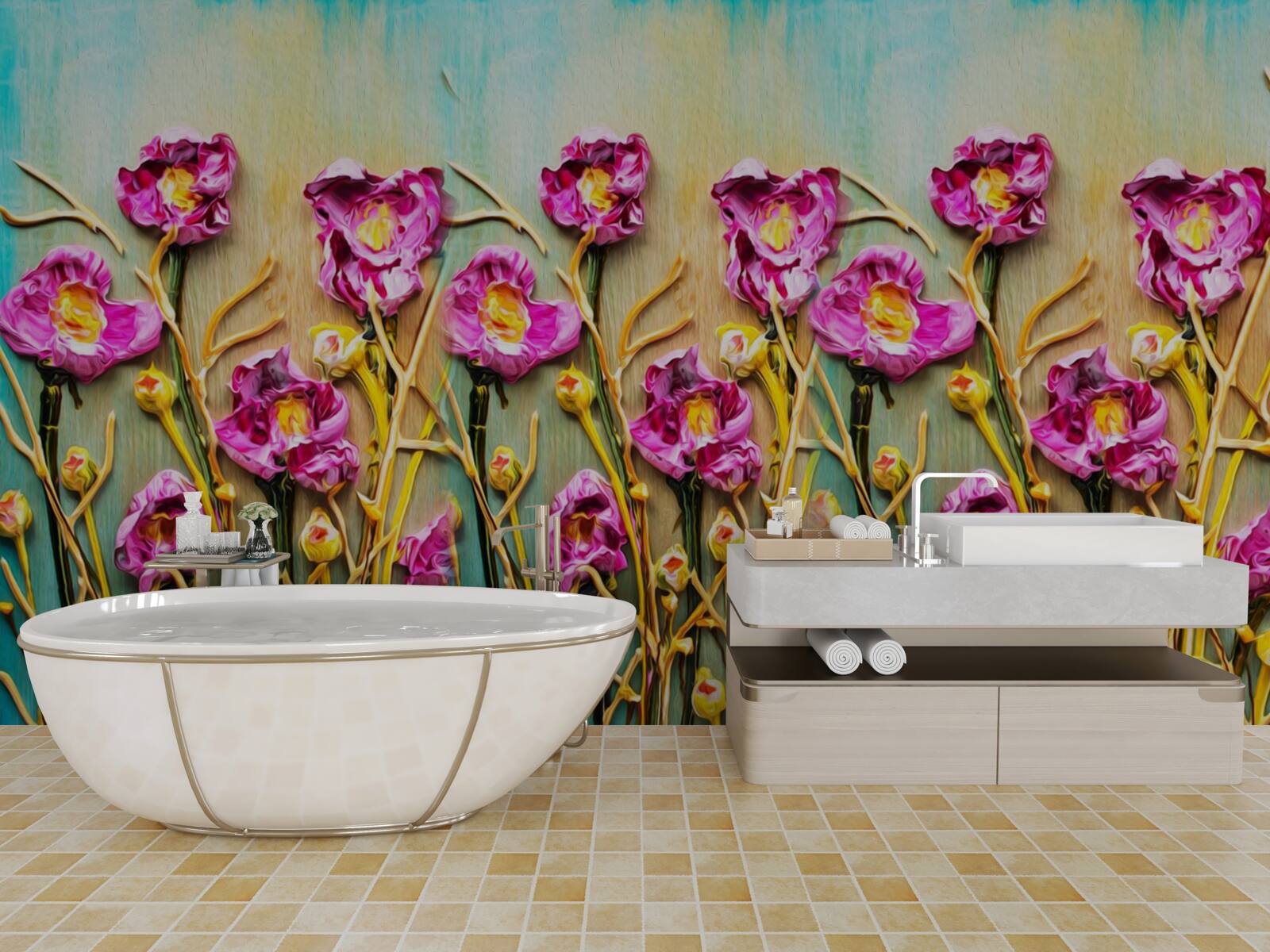 Fototapeta abstrakcyjne kwiaty przedstawione w farbach olejnych