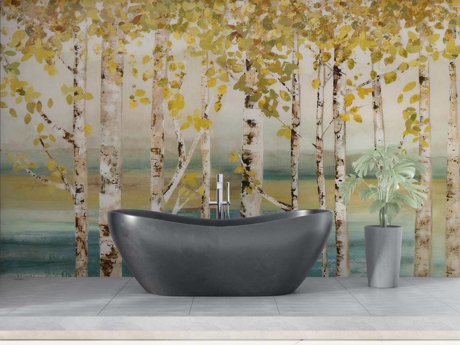 Fototapeta staw po lesie brzozowym jesienią