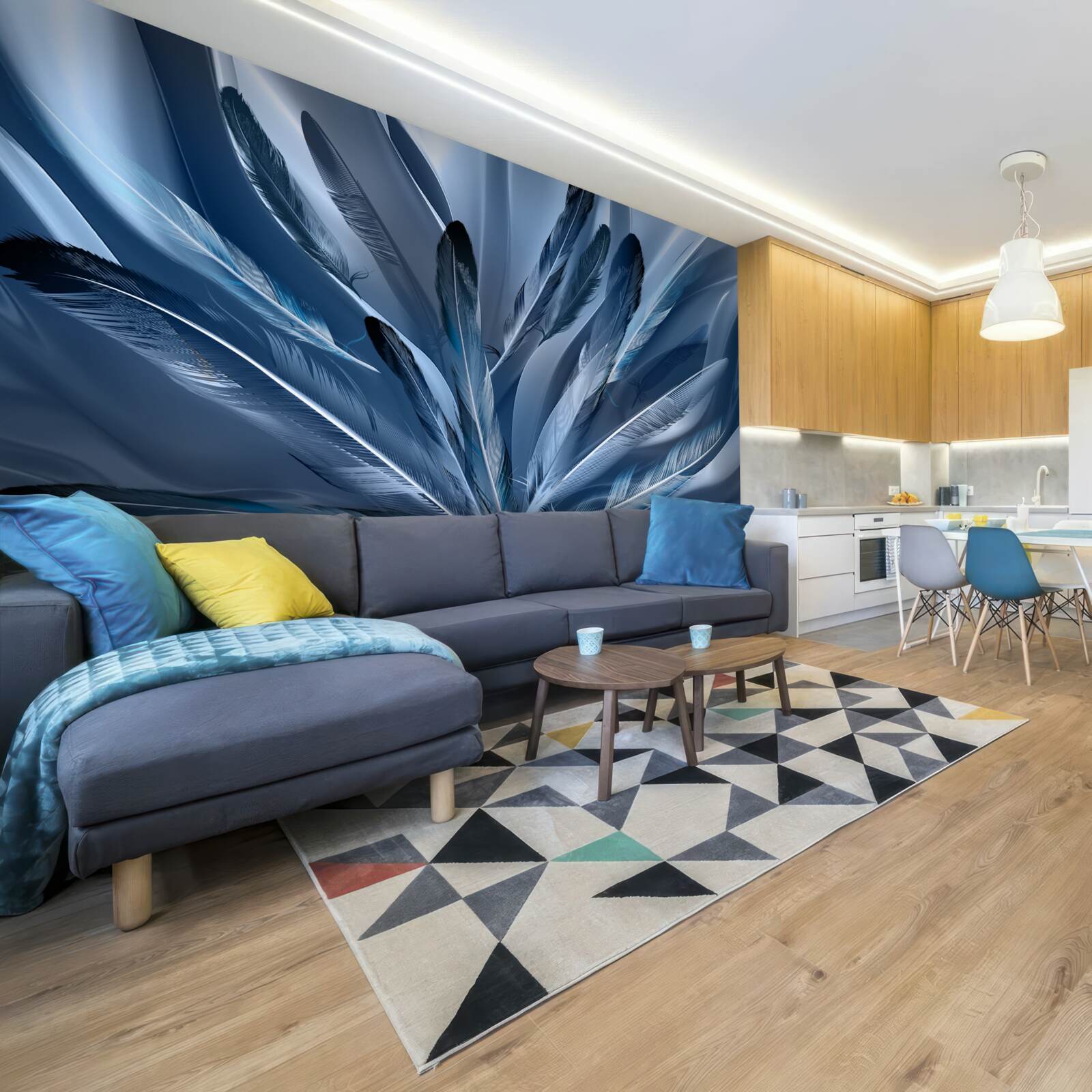 Fototapeta tło usiane niebieskimi piórami