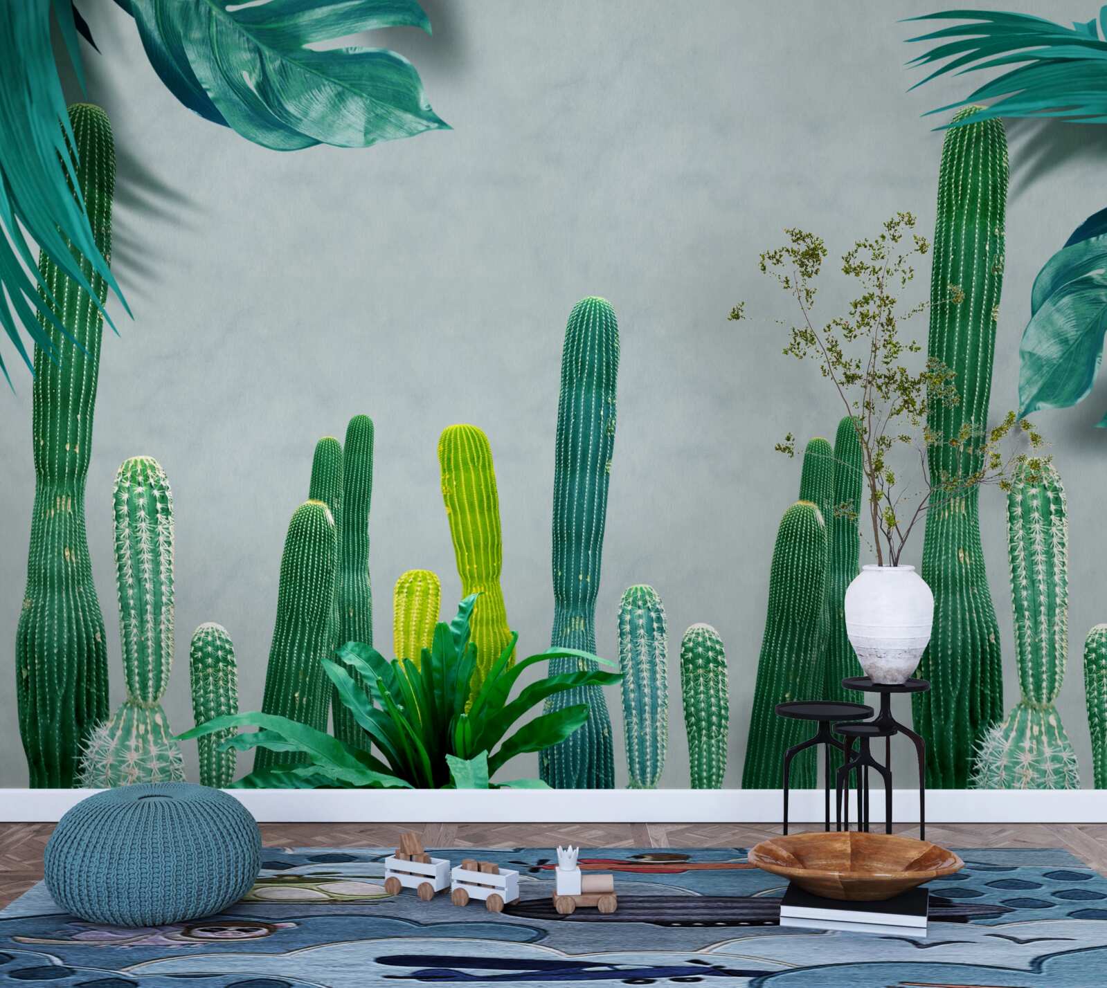 Fototapeta tropikalne palmy ozdobione są zielonymi kaktusami