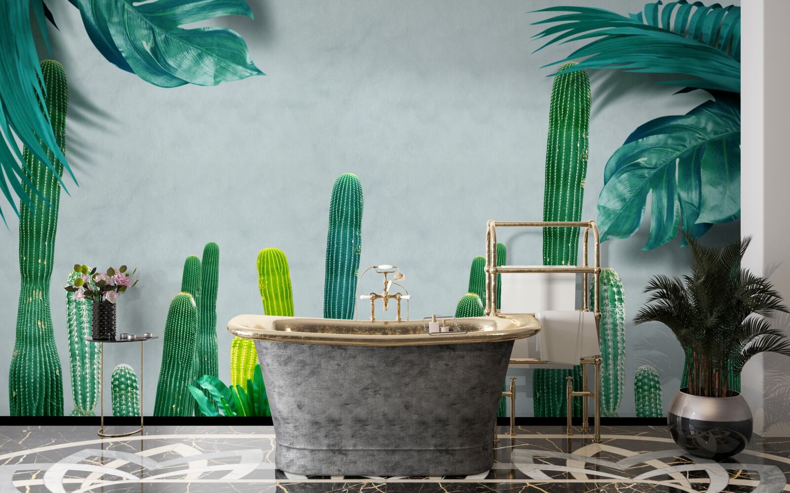 Fototapeta tropikalne palmy ozdobione są zielonymi kaktusami