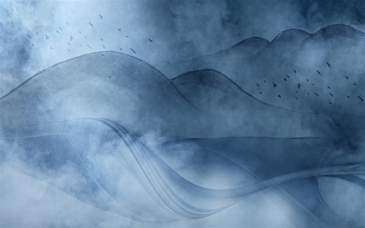 Fototapeta góry spowijane mgłą, za zasłoną morską